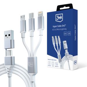 Kábel USB-A/USB-C na USB-C/Micro USB/Lightning 1,5 m – 3mk Hyper Cable 3in1™ White